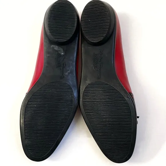 SALVATORE FERRAGAMO black patent red leather Oxford round toe bow ballet flats
