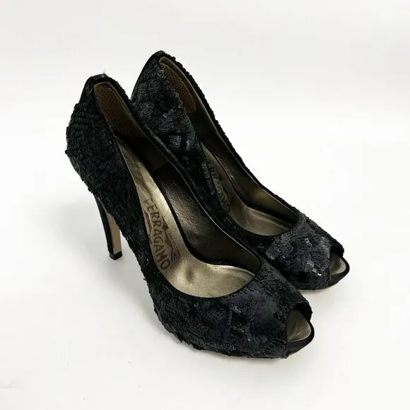 salvatore ferragamo Black Sequins Embellished And Satin Peep Toe Platform Pumps
