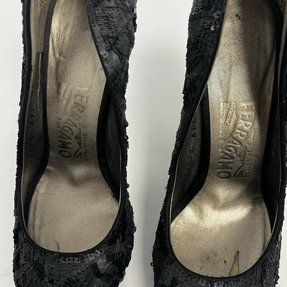 salvatore ferragamo Black Sequins Embellished And Satin Peep Toe Platform Pumps
