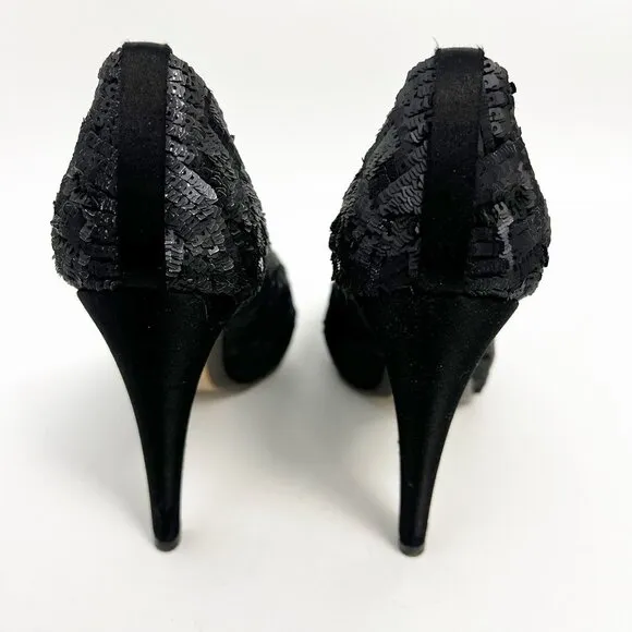 salvatore ferragamo Black Sequins Embellished And Satin Peep Toe Platform Pumps