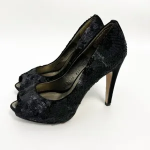 salvatore ferragamo Black Sequins Embellished And Satin Peep Toe Platform Pumps