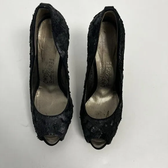 salvatore ferragamo Black Sequins Embellished And Satin Peep Toe Platform Pumps
