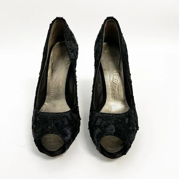 salvatore ferragamo Black Sequins Embellished And Satin Peep Toe Platform Pumps