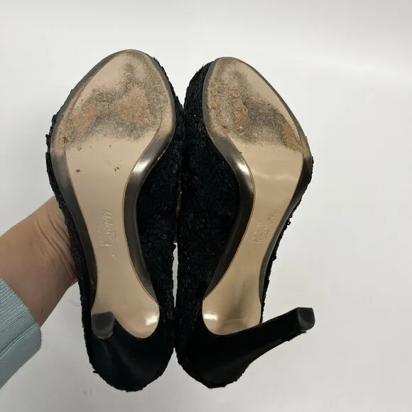 salvatore ferragamo Black Sequins Embellished And Satin Peep Toe Platform Pumps
