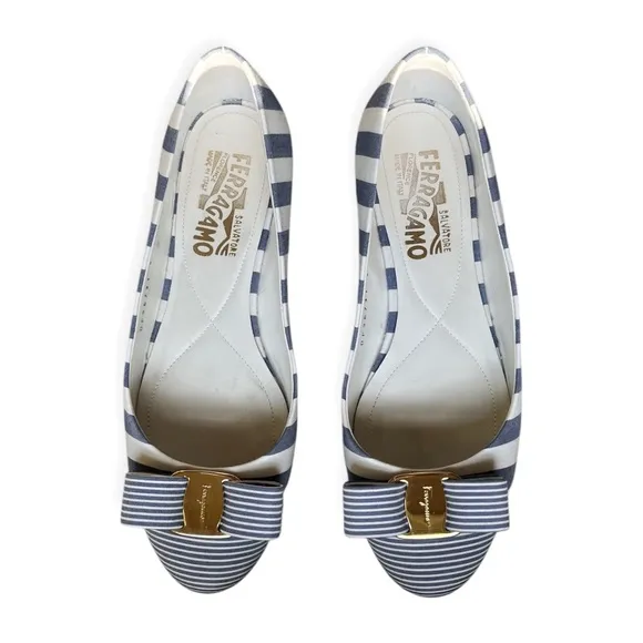 Salvatore Ferragamo Blue White Nautical Varina Ballet Shoe, Sz 6 C