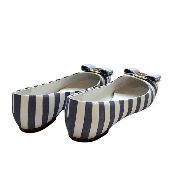Salvatore Ferragamo Blue White Nautical Varina Ballet Shoe, Sz 6 C