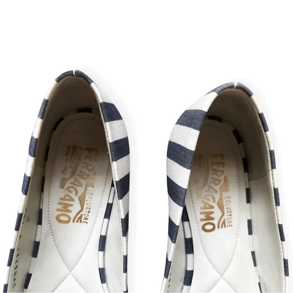 Salvatore Ferragamo Blue White Nautical Varina Ballet Shoe, Sz 6 C
