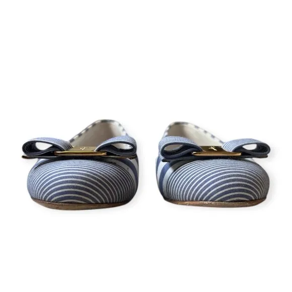 Salvatore Ferragamo Blue White Nautical Varina Ballet Shoe, Sz 6 C