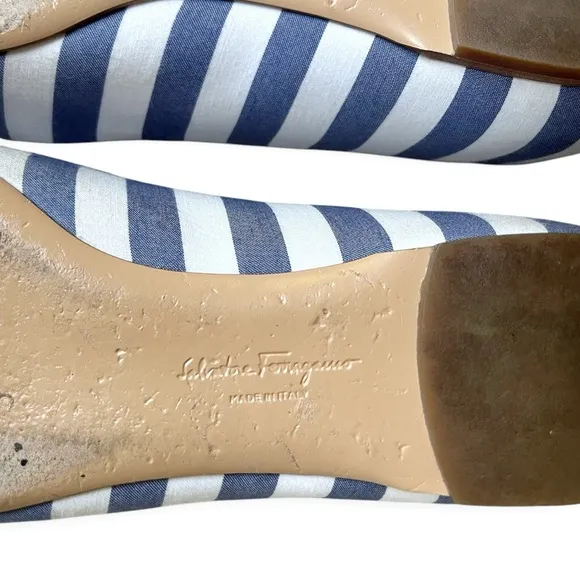 Salvatore Ferragamo Blue White Nautical Varina Ballet Shoe, Sz 6 C