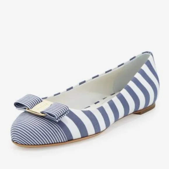 Salvatore Ferragamo Blue White Nautical Varina Ballet Shoe, Sz 6 C