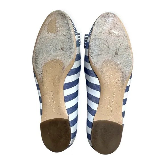 Salvatore Ferragamo Blue White Nautical Varina Ballet Shoe, Sz 6 C