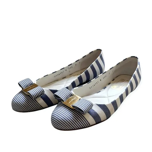 Salvatore Ferragamo Blue White Nautical Varina Ballet Shoe, Sz 6 C