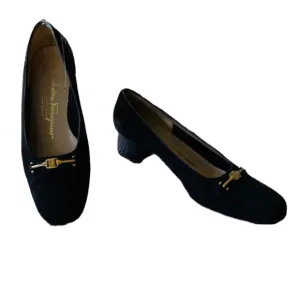 SALVATORE FERRAGAMO Boutique Black Suede Block Heel Shoes Size 6.5 B