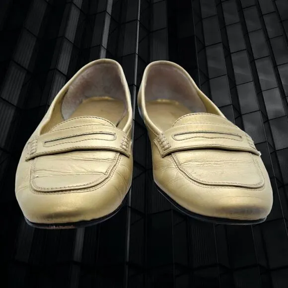 Salvatore Ferragamo Boutique Light Gold Metallic Penny Loafer Low Heel Leather