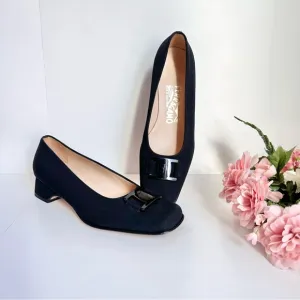 Salvatore Ferragamo Boutique TOY Black Nero Fabric Block Heel Classic Pumps