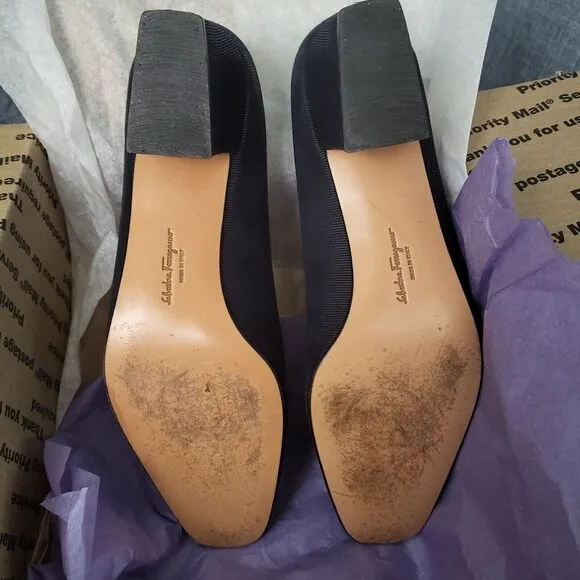 Salvatore Ferragamo Classic Block Heel Pumps Designer Italy Black Size 8B