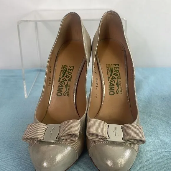 Salvatore Ferragamo Gold Stiletto Bow Front Pumps Shoes