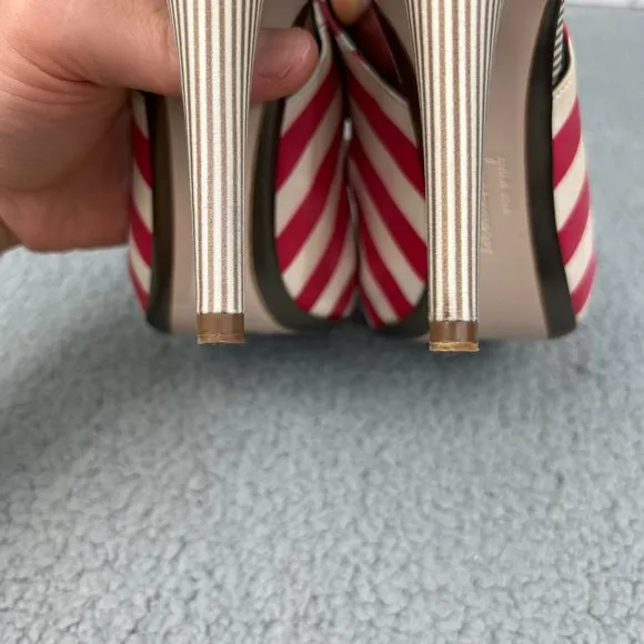 Salvatore Ferragamo Heels Womens 6 Shoes Red White Striped Fioretto Satin Pumps