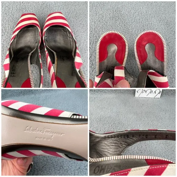 Salvatore Ferragamo Heels Womens 6 Shoes Red White Striped Fioretto Satin Pumps