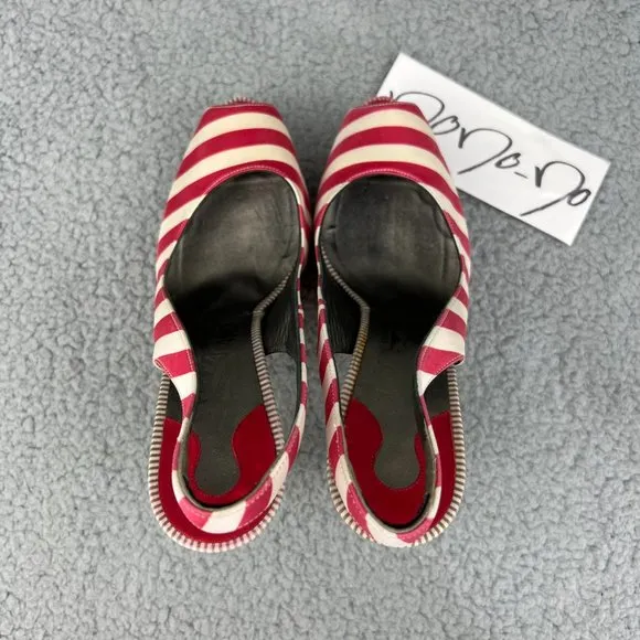 Salvatore Ferragamo Heels Womens 6 Shoes Red White Striped Fioretto Satin Pumps