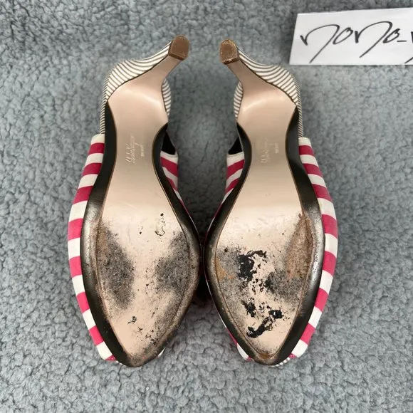 Salvatore Ferragamo Heels Womens 6 Shoes Red White Striped Fioretto Satin Pumps