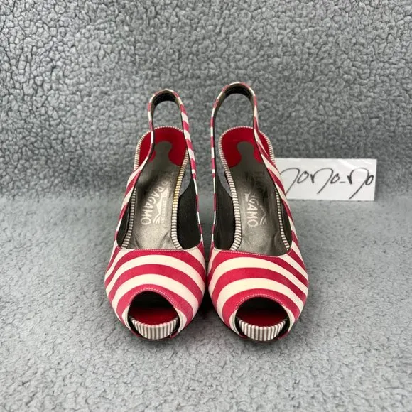 Salvatore Ferragamo Heels Womens 6 Shoes Red White Striped Fioretto Satin Pumps