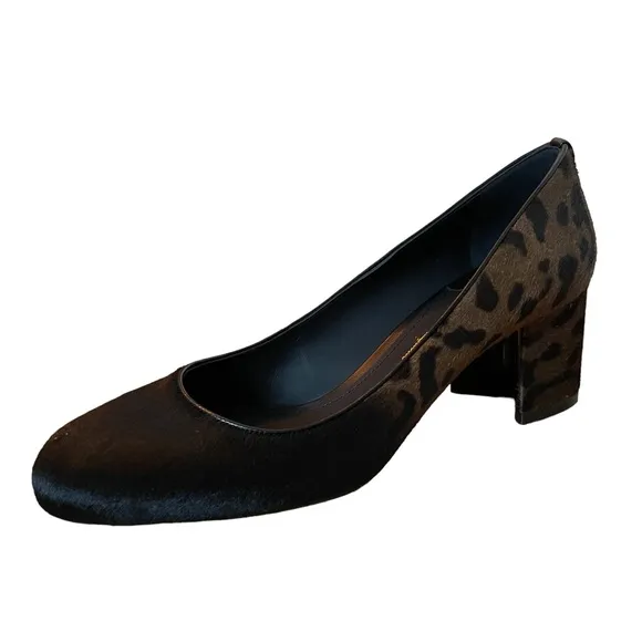 Salvatore Ferragamo Medolla P Leopard Print Calf Hair Block Geel Shoes 38B New