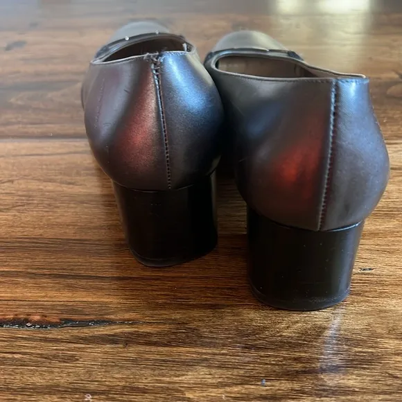 Salvatore Ferragamo Pewter Almond Toe Block Heel Shoes Sz 8