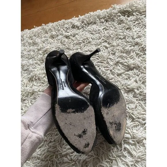 Salvatore Ferragamo Heels Peep Toe 9 B Black Suede Leather Shoes Pumps