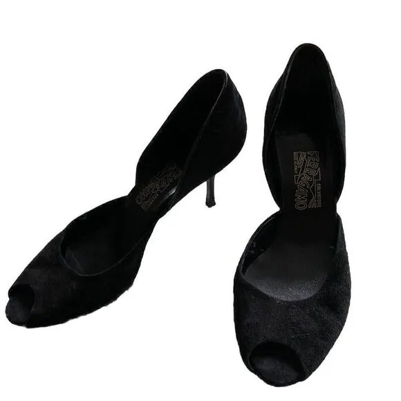 Salvatore Ferragamo Heels Peep Toe 9 B Black Suede Leather Shoes Pumps