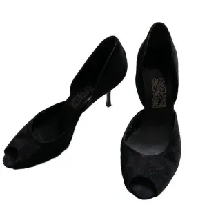 Salvatore Ferragamo Heels Peep Toe 9 B Black Suede Leather Shoes Pumps