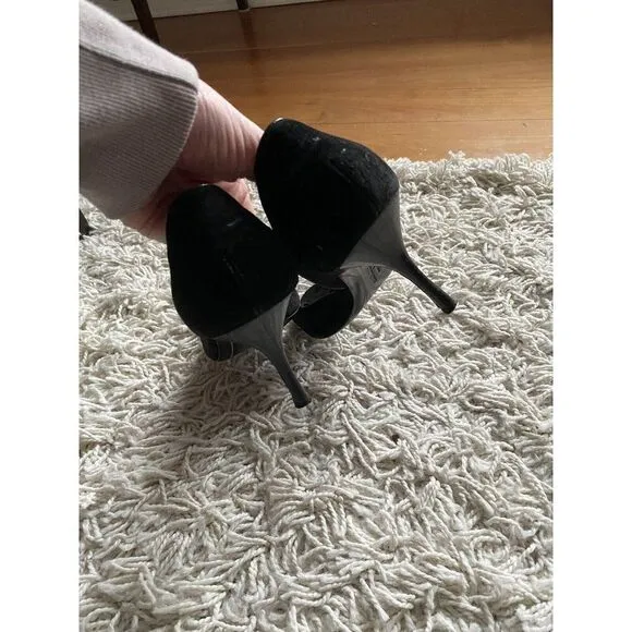 Salvatore Ferragamo Heels Peep Toe 9 B Black Suede Leather Shoes Pumps