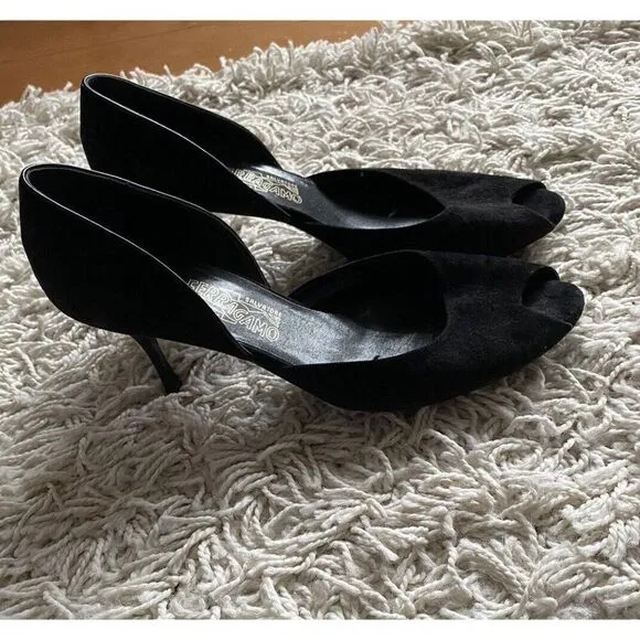 Salvatore Ferragamo Heels Peep Toe 9 B Black Suede Leather Shoes Pumps
