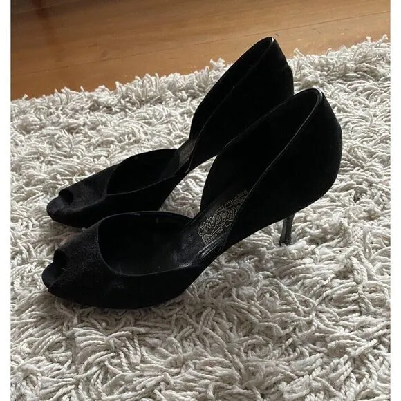Salvatore Ferragamo Heels Peep Toe 9 B Black Suede Leather Shoes Pumps