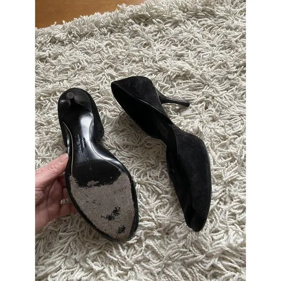 Salvatore Ferragamo Heels Peep Toe 9 B Black Suede Leather Shoes Pumps