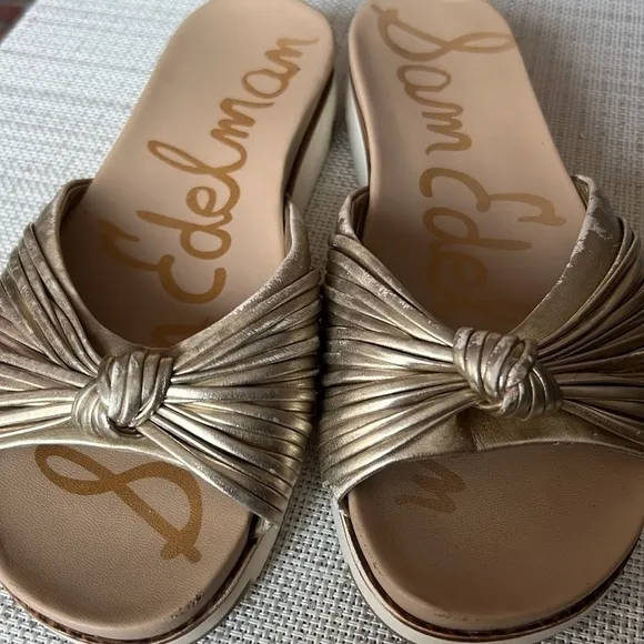 Sam Edelman Adriel Top Knotted Heeled gold platform sandals size6.5