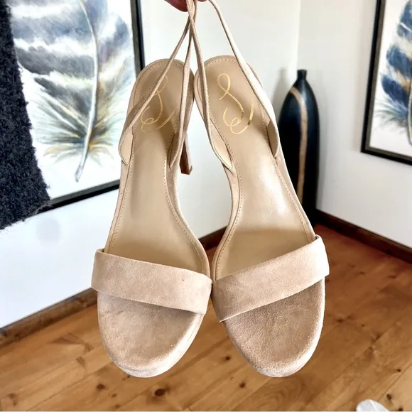 Sam Edelman Cream Suede Stiletto Heels with Ankle Strap