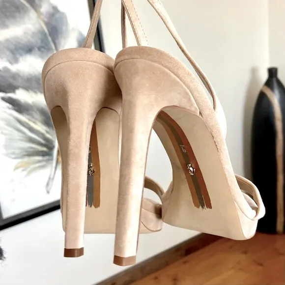 Sam Edelman Cream Suede Stiletto Heels with Ankle Strap