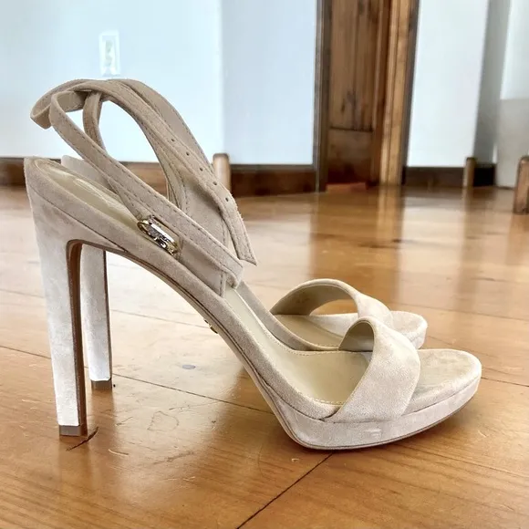 Sam Edelman Cream Suede Stiletto Heels with Ankle Strap