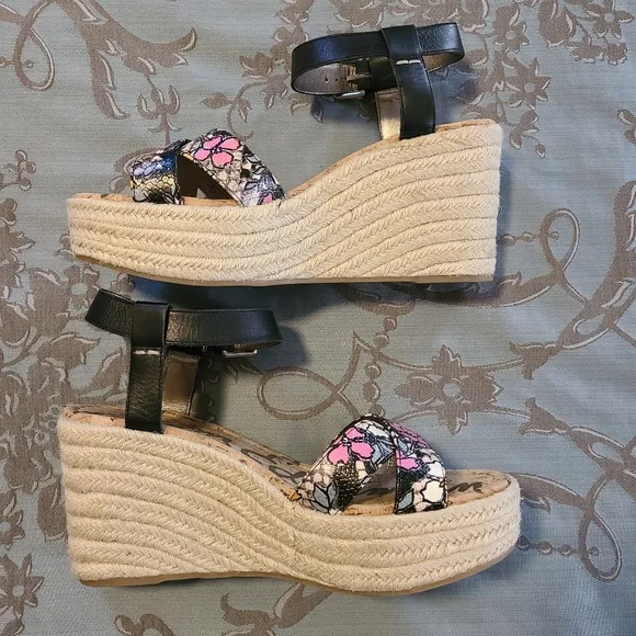 Sam Edelman Destin Espadrille Black Floral Wedge Sandals Women’s Size 10