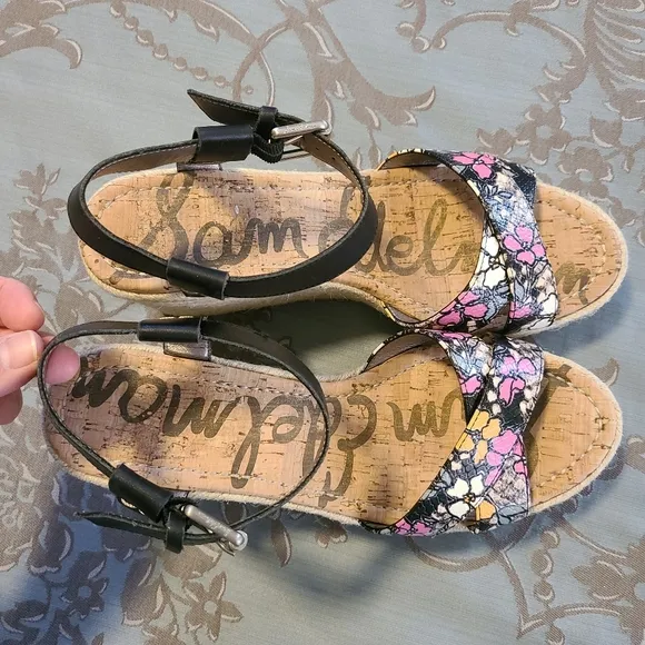 Sam Edelman Destin Espadrille Black Floral Wedge Sandals Women’s Size 10