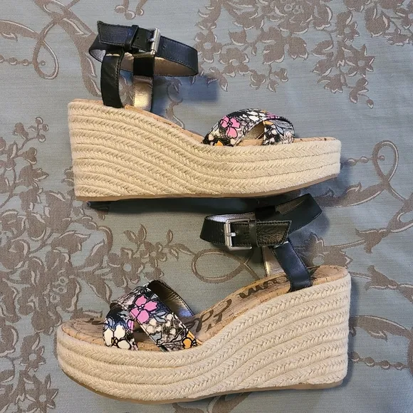 Sam Edelman Destin Espadrille Black Floral Wedge Sandals Women’s Size 10