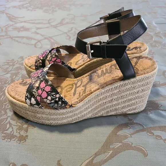 Sam Edelman Destin Espadrille Black Floral Wedge Sandals Women’s Size 10