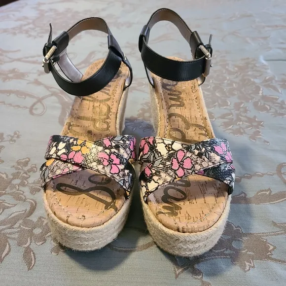 Sam Edelman Destin Espadrille Black Floral Wedge Sandals Women’s Size 10