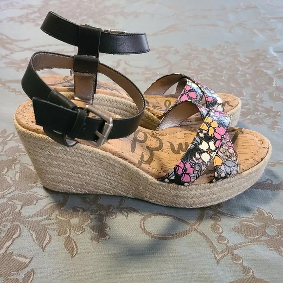 Sam Edelman Destin Espadrille Black Floral Wedge Sandals Women’s Size 10