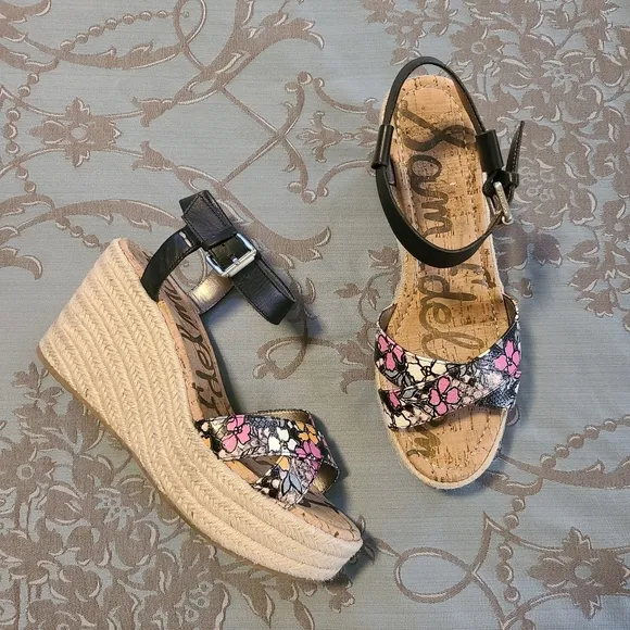 Sam Edelman Destin Espadrille Black Floral Wedge Sandals Women’s Size 10