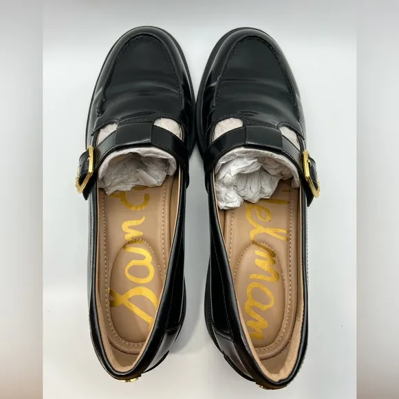 Sam Edelman “Elaina” Black Leather Loafers with Gold Buckle - Women’s Size 10.5