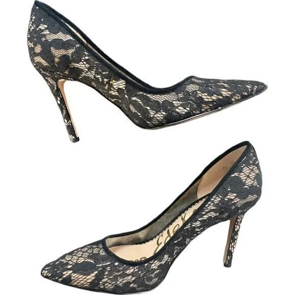 Sam Edelman Hazel Black Nude Botanical‎ Lace Stiletto Pumps Pointed Toe Size 8.5