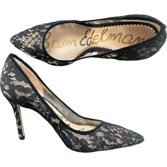 Sam Edelman Hazel Black Nude Botanical‎ Lace Stiletto Pumps Pointed Toe Size 8.5