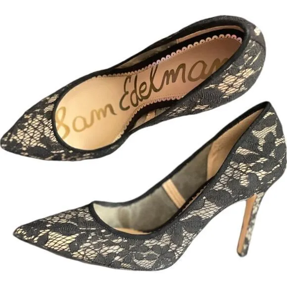 Sam Edelman Hazel Black Nude Botanical‎ Lace Stiletto Pumps Pointed Toe Size 8.5